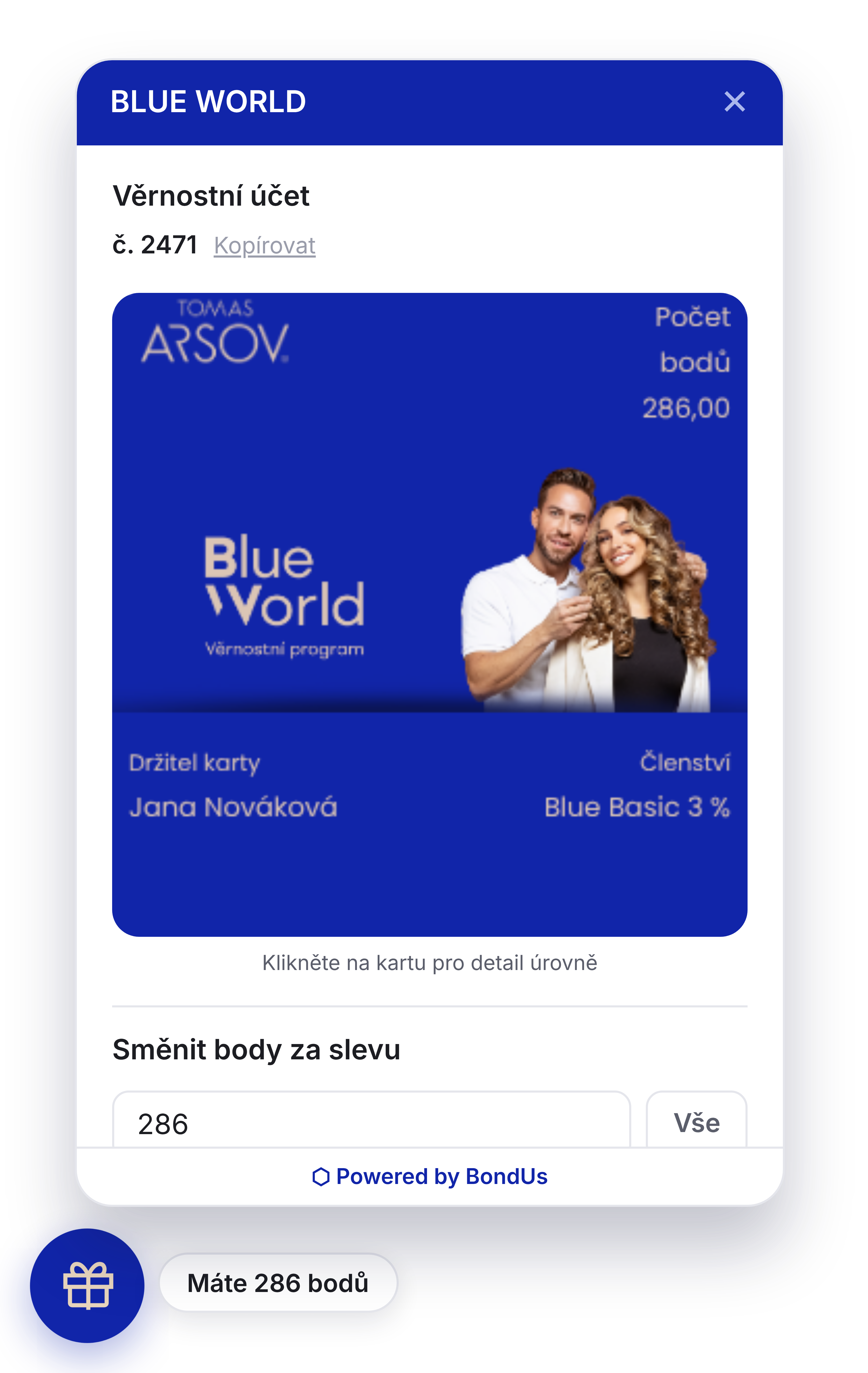 Klientský widget BLUE WORLD: věrnostní karta, body a výměna bodů za slevu. Ukázková data.